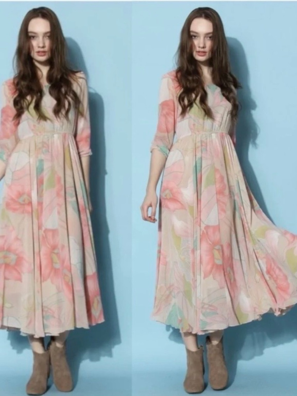 Chicwish 3/4 Sleeve Scoopneck Pink Green Cream Floral Maxi Dress Size S
